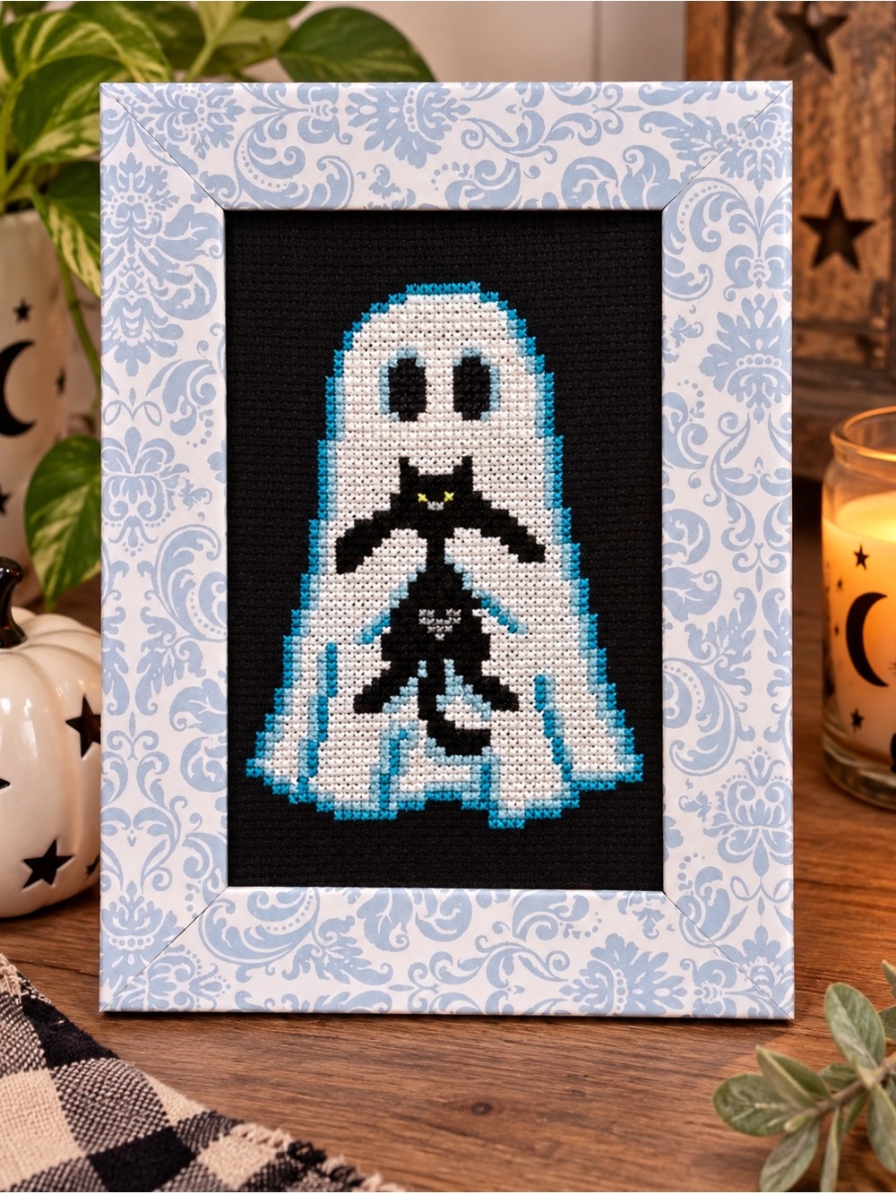 Spooky ghost cat framed cross stitched art